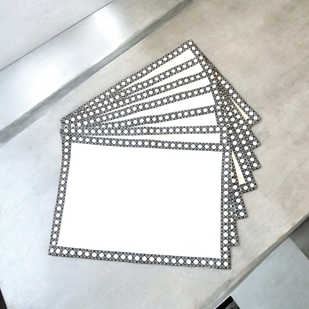 WILLIAMS SONOMA 7 PIECES CANE EMBROIDERED BLACK WHITE DINNER NAPKINS